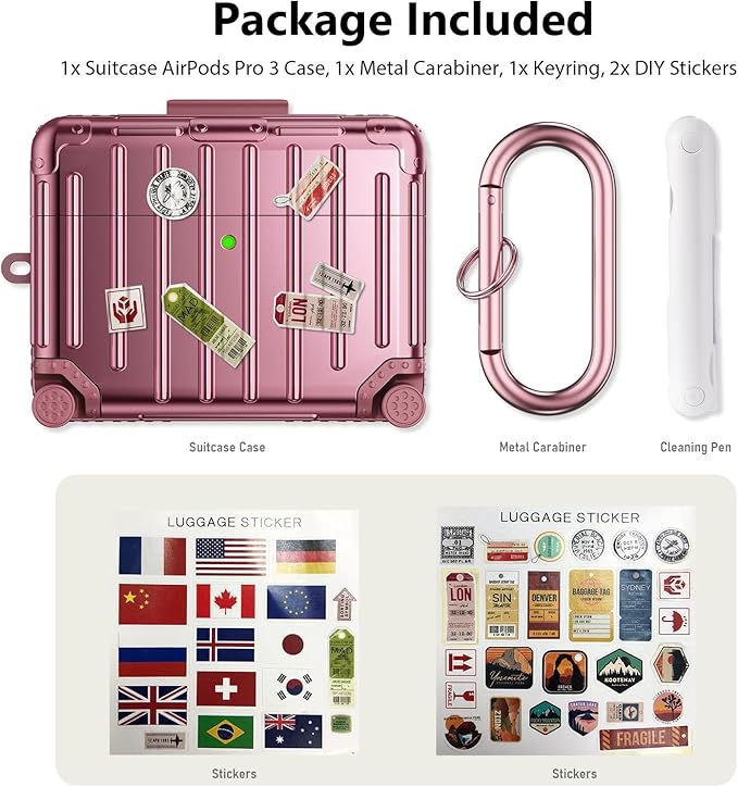 KOREDA Compatible with AirPods Pro 3 Case Cover, Cute Funny Suitcase Design Case for AirPods Pro 3rd Generation, Fashion Protective Hard Case for Women Men with Keychain and Cleaner Kit (Rose Gold)