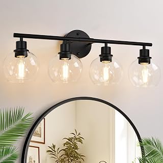 Indoi 4-Light Bathroom Light Fixtures, Black Bathroom Lights Over Mirror with Clear Glass Globe Shade, Vanity Lights for Bathroom Kitchen Living Room Hallway Cabinet Bedroom Porch - Image 1