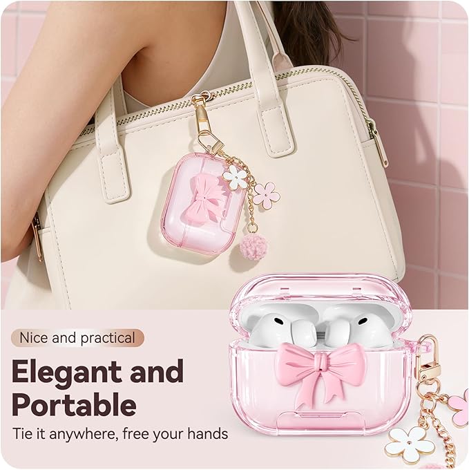for AirPods Pro 3 Case 2025, with Safety Lock & Phone Stand for AirPods Pro 3 Generation Case Cover for Women Girly,Clear Pink Bow Butterfly iPods Pro 3 Case with Keychain, Pink
