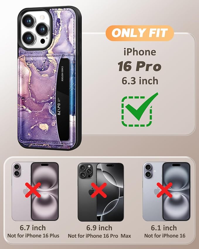 for iPhone 16 Pro Case with Wallet - Fits 4 Card Slots, Compatible with MagSafe for Women Aesthetic Durable PU Leather Credit Card Holder Kickstand Phone Cover for Apple 16 Pro, Purple Marble