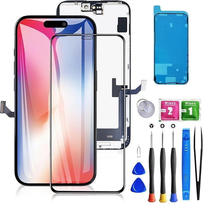 for iPhone 15 Screen Replacement Black 6.1 Inch, LCD Touch Digitizer Complete Display for A2846, A3089, A3092, A3090,with Waterproof Seal+Tempered Glass+Repair Tools