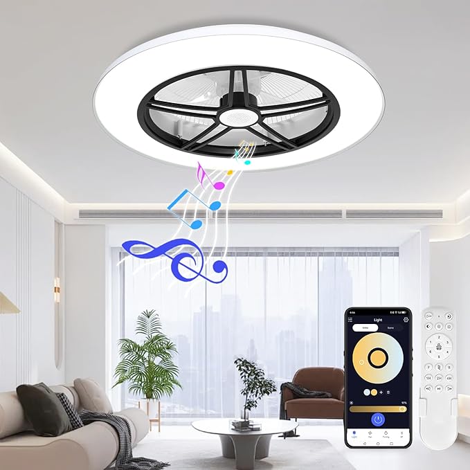 BAYSQUIRREL Bluetooth Bladeless Ceiling Fan with Speaker, Low Profile Ceiling Fan with Light and Remote/APP Control,6 Speeds Reversible 3 Color LED Dimmable Flush Mount Ceiling Fans for Bedroom
