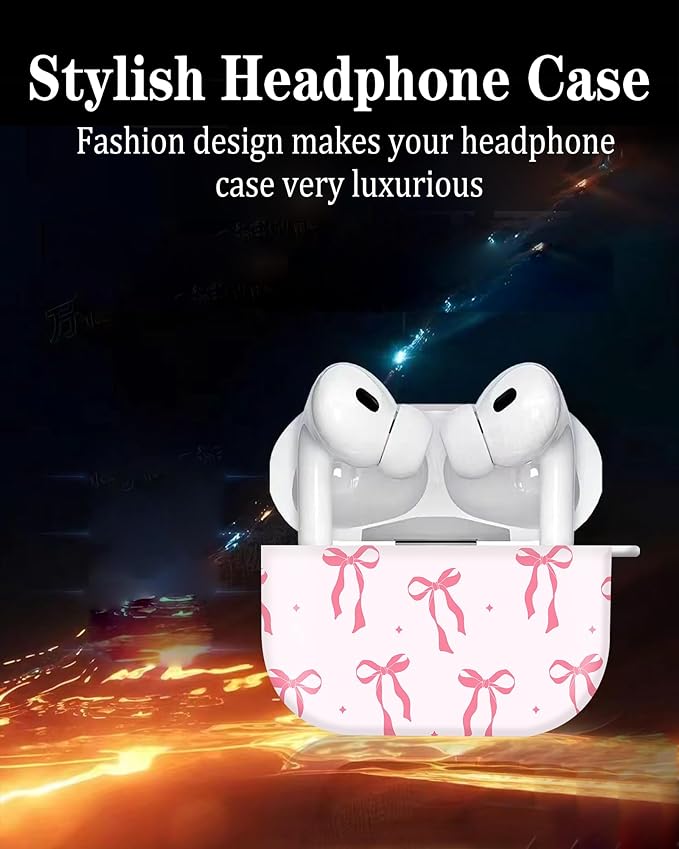 Cute Hard Case Compatible with AirPods Pro 2nd/1st Generation, Protective Cover with Golden Keychain, Fits 2023/2022/2019 Models, for Women, Girls, and Men(Pink Ribbon Bow)