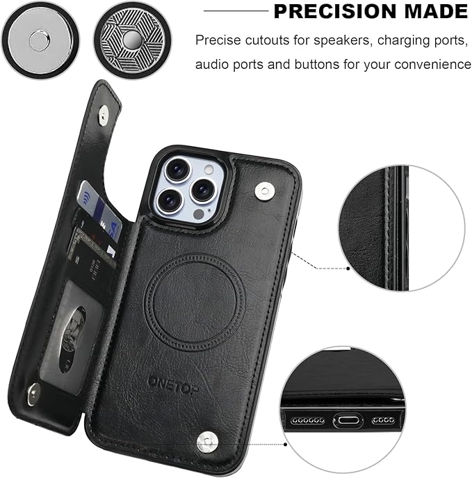 ONETOP Compatible with Magsafe for iPhone 13 Pro Max Wallet Case with Card Holder, PU Leather Kickstand RFID Blocking Case, Double Magnetic Clasp and Durable Shockproof Cover 6.7 Inch (Black)