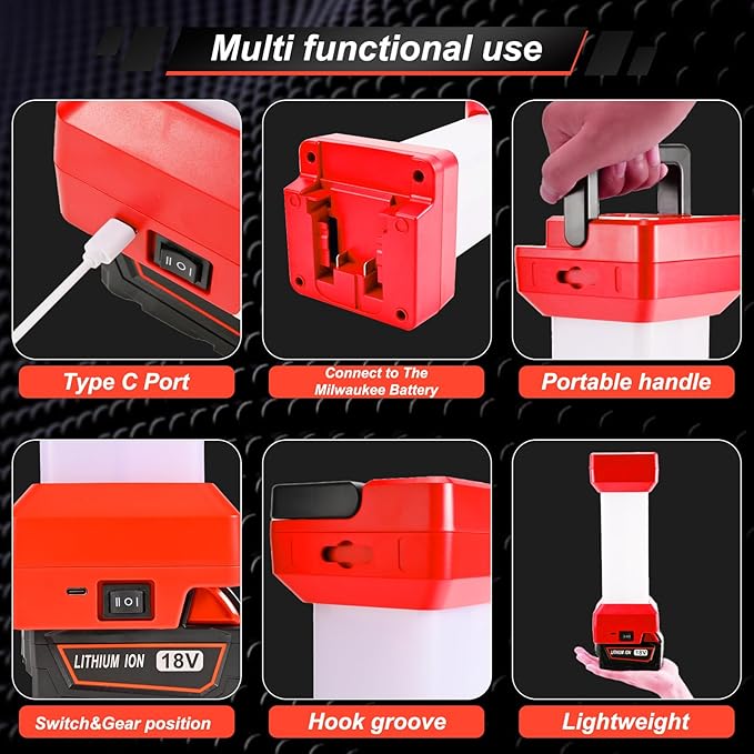 LED Work Light for Milwaukee m18 18v Battery, 2900LM Outdoor LED Camping Lantern, 2 Modes Portable Inspection Light for Car Repair,Workshop, Hide Hand and Type-C Charging Port