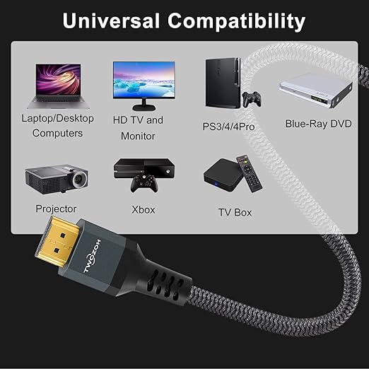 Twozoh 8K 4K HDMI Extension Cable, HDMI 2.1 Male to Female Cable, Nylon Braided HDMI Extender Cable Support 8K@60Hz 4K@120Hz 48gbps（1FT）