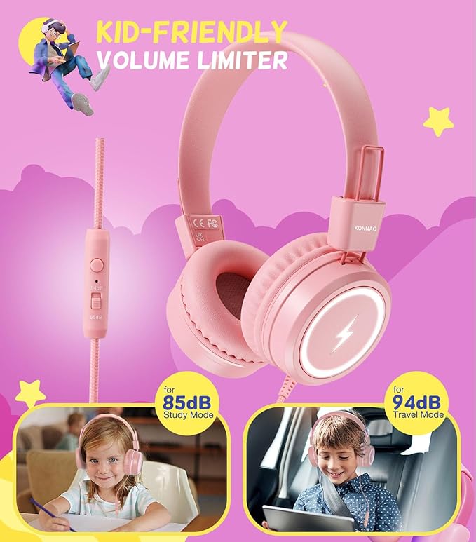 Kid Headphones for School, USB Type C Kids Headphone with LED Lights, Wired Boys Girls Headphones with Safe Limiter 85dB/94dB, Foldable On Ear Headphones with Microphones for Girls, Boys, iPad-Pink