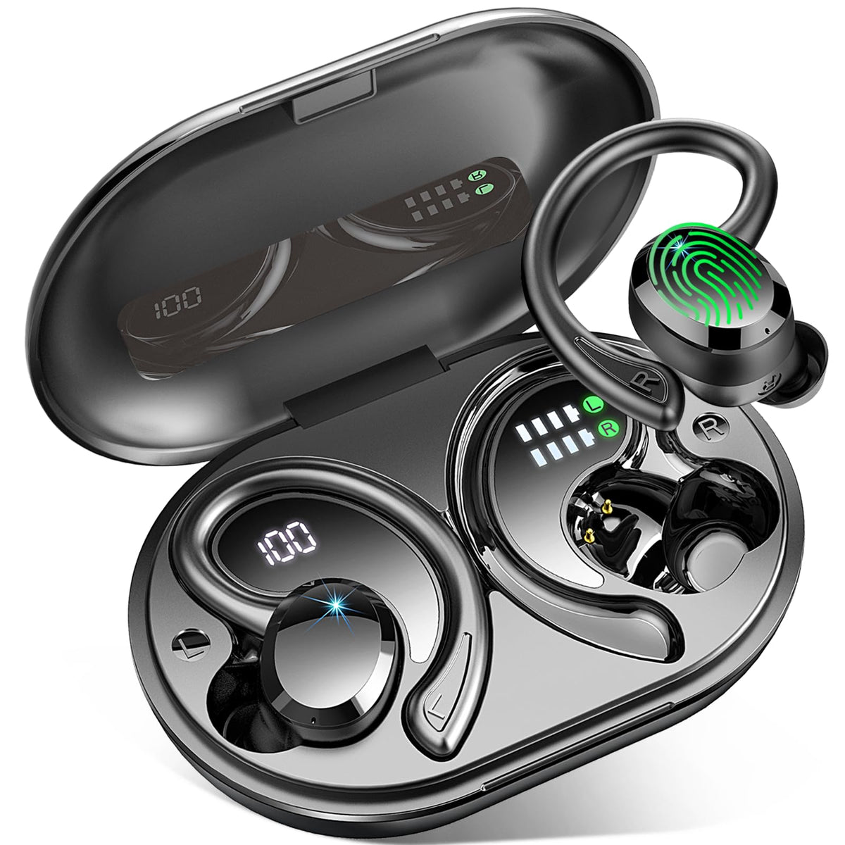 Wireless Earbuds Sport, Bluetooth 5.4 Headphones 3D Bass Hi-Fi Stereo Over Ear Buds, 60Hrs ENC Noise Cancelling Headset with Earhook, IP-X7 Waterproof Earphones Workout Running Gym for Android iOS