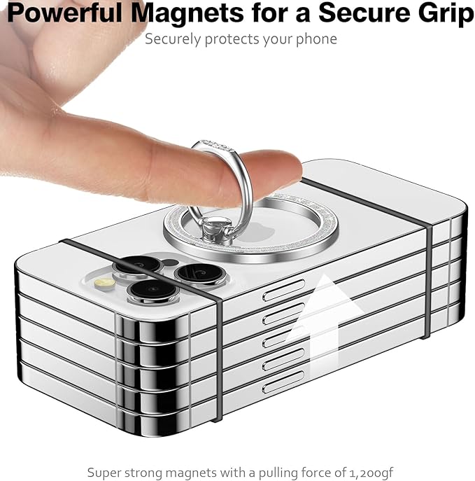 Allengel Magnetic Phone Grip for MagSafe, Magnetic Ring Holder Compatible with MagSafe Phone Ring, 360°Rotating Finger Kickstand for iPhone 16 Pro Max 15 14 13 12 Plus & Android Phone(Bling Silver)
