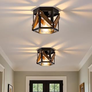 XSDeTu 2 Pack Farmhouse Flush Mount Ceiling Light, Rustic Hallway Light Fixtures Ceiling, Vintage Black Lighting Fixtures with Metal and Wood Cage, Small Chandelier for Kitchen Sink Entryway Bathroom - Image 1