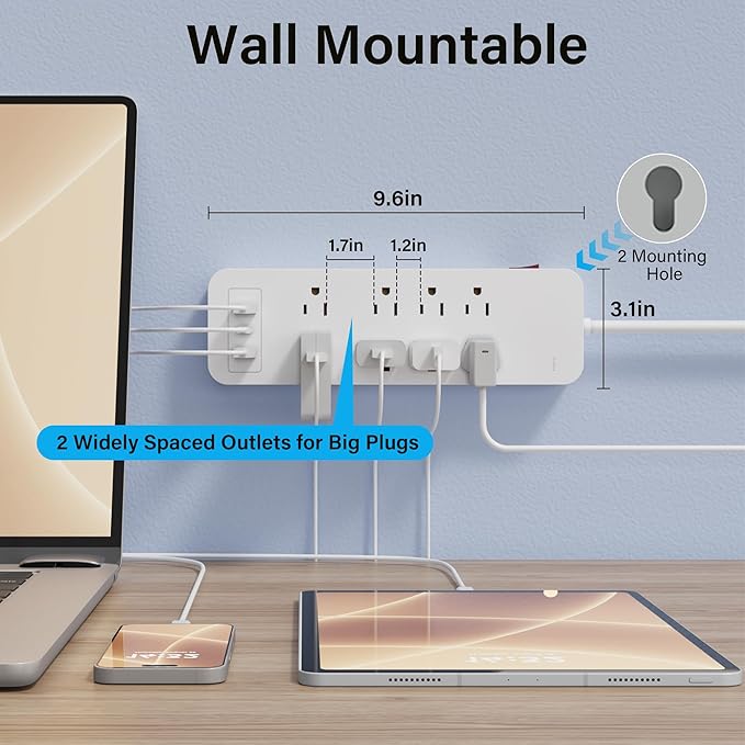 Elecan Surge Protector Power Strip 4 Ft Extension Cord, 8 Widely Spaced Outlets with 2 USB-A&1 USB-C PD 20W Charging Station, Flat Plug Wall Mountable Multi Outlet Extender, 14AWG 2450J/125V,ETL-White