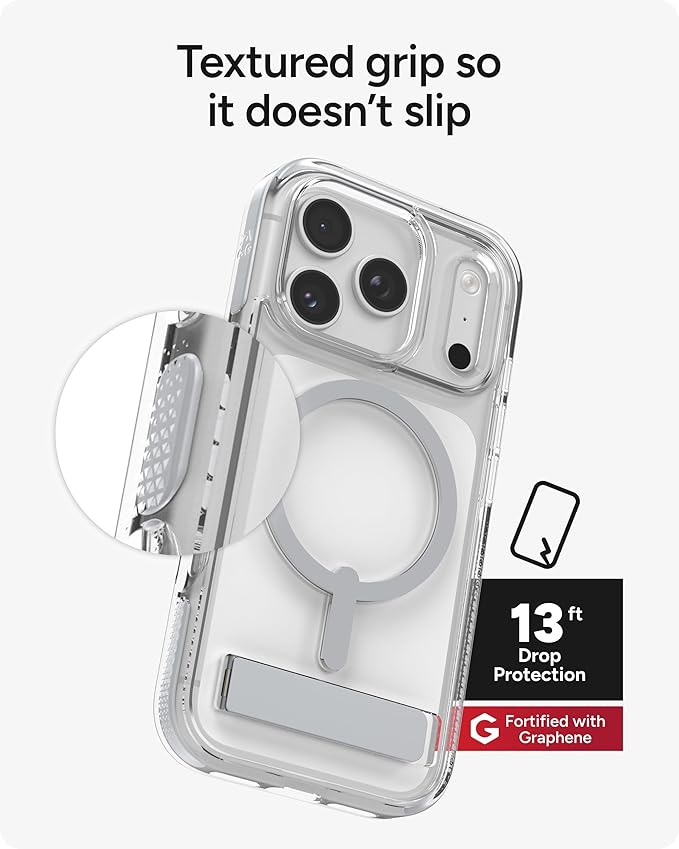 ZAGG Santa Cruz Snap Case with Kickstand for iPhone 17 Pro - Silver, Drop Protection (13ft/4m), MagSafe Charging Compatible, ClearGuard Anti-Yellowing Technology, Scratch Resistant Phone Case