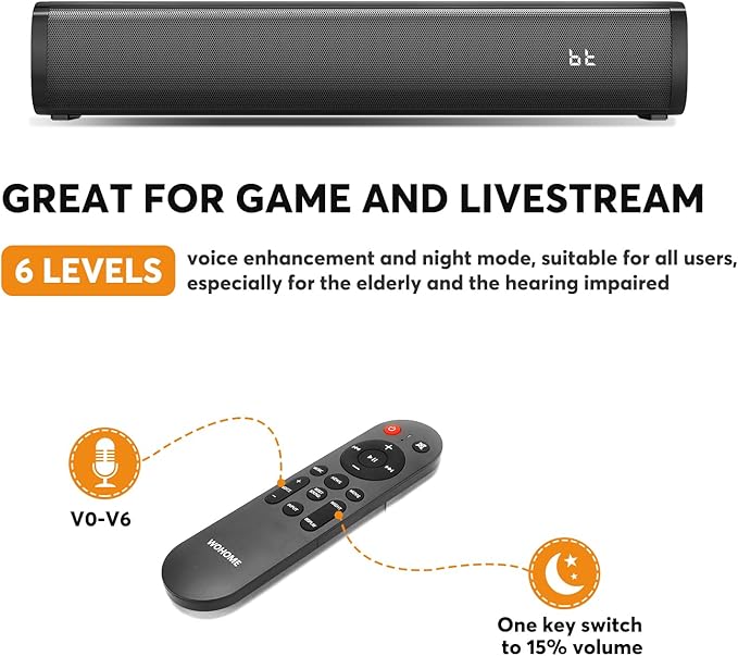 Wohome 2.1 Sound Bars for TV, Built-in Subwoofer, 6 Levels Voice Enhancement, 16 Inches TV Soundbar Speakers with Bluetooth 5.3/Optical/AUX/USB Connection, Wall Mount, 3 EQ Modes, S100