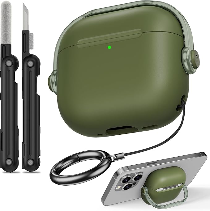 Safety Lock for Airpods 4 Case, TPU Case for Apple Airpods 4 Case 2024 USB-C with Cleaner Kit, Drop Protection Airpods 4 Case Cover for Men with Lock and Keychain, Army Green