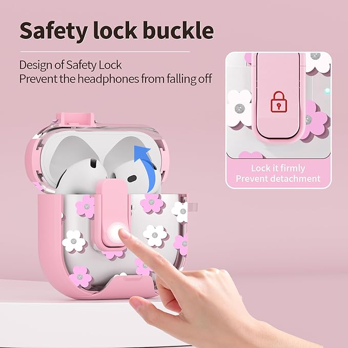 for AirPods 4 Case with Secure Lock Clip in Phone Stand,Floral Girly Style Protective Cover with Cleaning Kit and Hand Strap for Apple AirPod 4 Generation (Pink Petals)