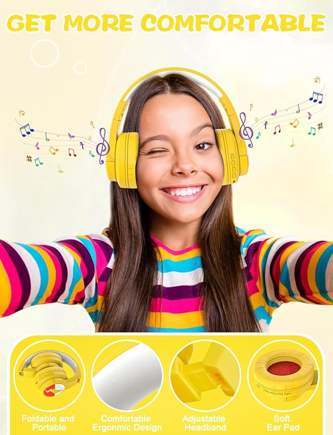 Kids Bluetooth Headphones, Wireless Headphones with Microphone, 74/85/94dB Volume Limited, 80H Playtime, Foldable Over Ear Headphones for School, Home, or Travel, Yellow