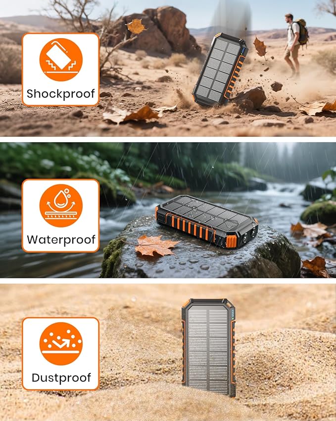 FEELLE Solar Charger for Outdoor: 27000mAh Power Bank with Built-in Cables - 15W Fast Charging Portable Charger with 2 Flashlights for iPhone Android -External Battery Pack for Camping Emergency