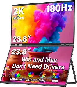 InnoView 23.8" Dual Portable Monitor 180Hz 2560 x 1440P 2K 100% sRGB - Foldable & Stackable Design with 315° Screen Adjustment & 180° Stand | USB-C/HDMI, Dual Monitor for Laptop, Mac, Windows - Image 1
