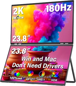 InnoView 23.8" Dual Portable Monitor 180Hz 2560 x 1440P 2K 100% sRGB - Foldable & Stackable Design with 315° Screen Adjustment & 180° Stand | USB-C/HDMI, Dual Monitor for Laptop, Mac, Windows - Image 2