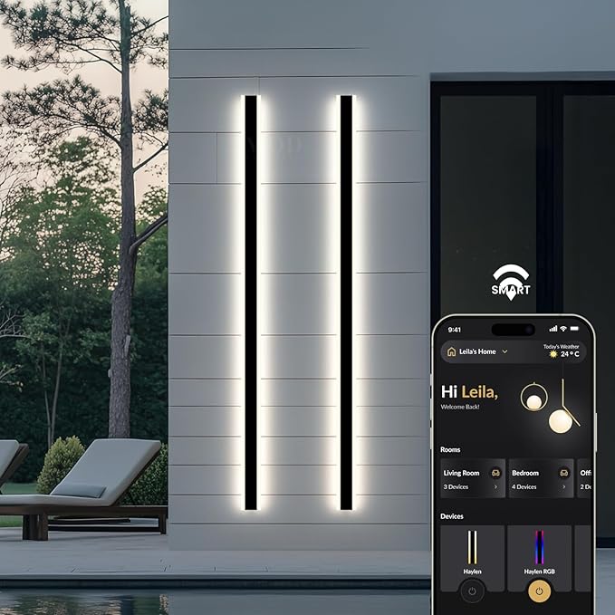 𝗠𝗢𝗗 𝗟𝗜𝗚𝗛𝗧𝗜𝗡𝗚 Waterproof Outdoor Wall Light with Smart Home App, Wi-Fi/Bluetooth, Adjust 3000K-6000K & Brightness, LED Long Porch Lights with App Control, 1-Pack (59" | Smart Home)
