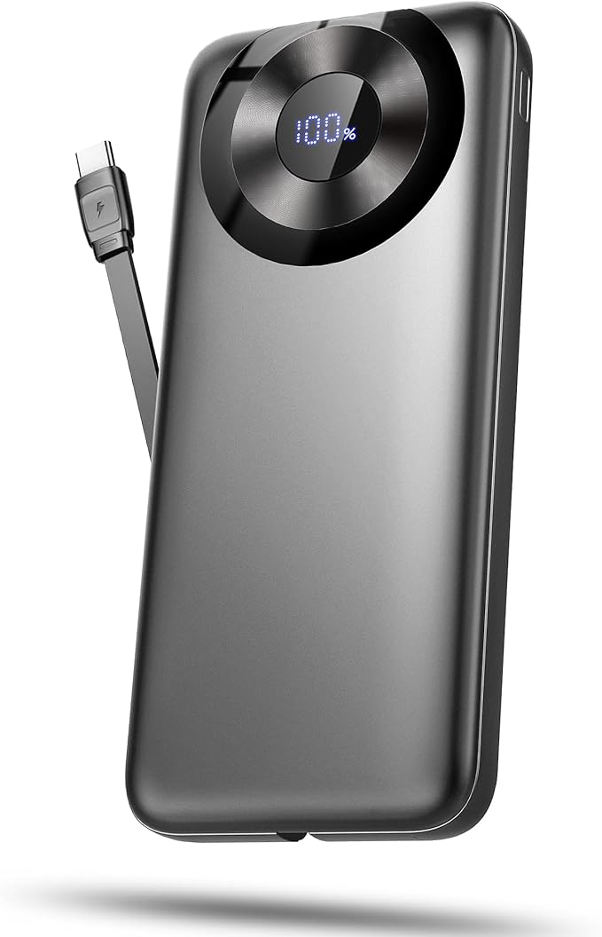 Portable Charger 10000mAh Power Bank Fast Charging with Built-in Cable Slim Battery Pack