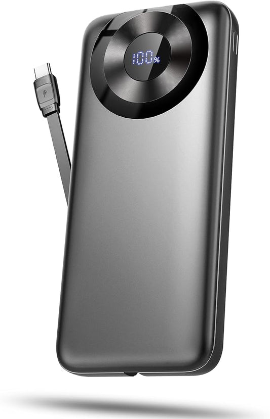 Portable Charger 10000mAh Power Bank Fast Charging with Built-in Cable Slim Battery Pack