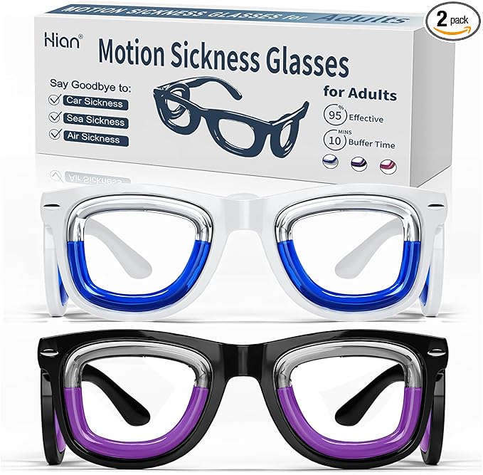 Hion 2 Pairs Adult Anti- Motion Sickness Smart Glasses, Ultra-Light Portable Nausea Relief Liquid Glasses, Carsickness Airsickness Seasickness Glasses, Kids Travel/Cruise Essentials（White+Black
