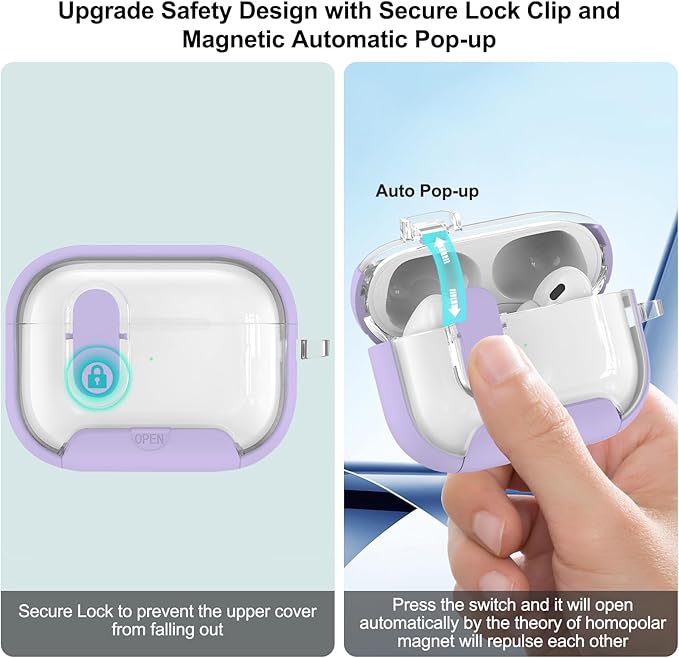 for Airpods Pro 3 Case Clear,Secure Lock for Airpods pro 3rd Generation Case Cover with Phone Stand and Magsafe Function,Auto Pop-up,Hybrid Protection with Carabiner&Cleaning Pen-Purple