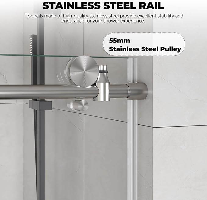 Glass Shower Door 44–48 Inch W x 76 Inch H – Frameless Sliding Shower Door, 8mm Coated Tempered Glass, Single Fixed & Sliding Glass Door, Brushed Stainless