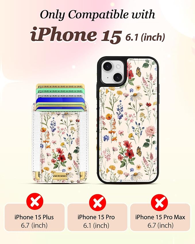 Shorogyt for iPhone 15 Wallet Case - Fits 5 Cards, Compatible with Magsafe Detachable Magnetic Credit Card Holder Leather Cardholder Cute Phone Cover Women Girls for Apple 15, Floral