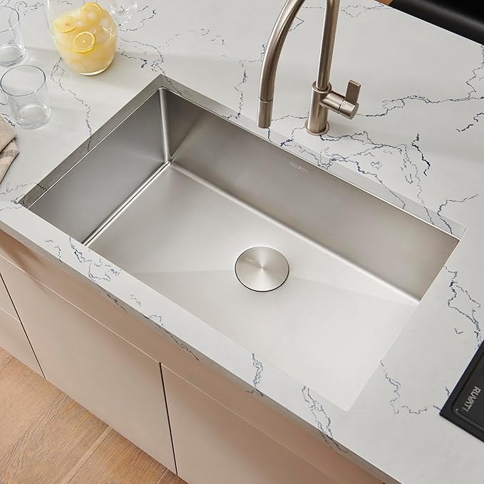 Ruvati 32-inch Rounded Corner Undermount Kitchen Sink Single Bowl – 16 Gauge Stainless Steel Kitchen Sink with Accessories and Brushed Finish hides scratches, Easy-to-Clean Undermount Sinks - RVH7400