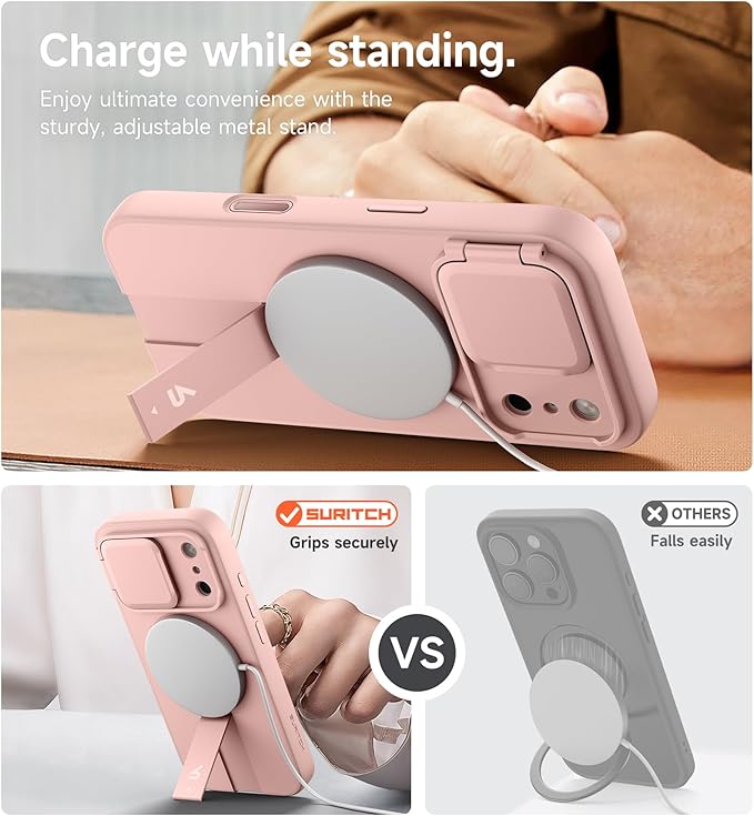 SURITCH for iPhone 17 Pro Case with Camera Control Cover, Camera Cover and Adjustable Kickstand, Compatible with MagSafe, Shockproof Bumper Protective Cases 6.3 Inch, Pink
