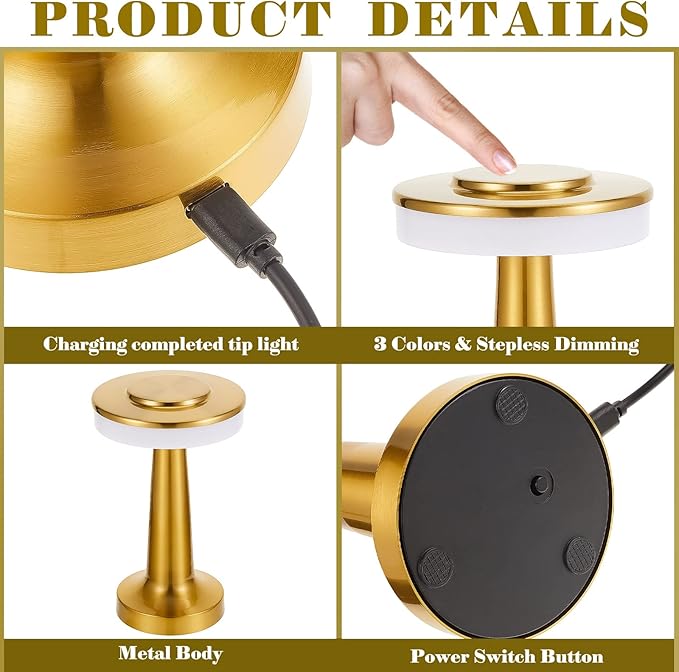 VIHOSE 36 Pcs Gold Cordless Table Lamps LED Portable Rechargeable Table Lamp with Touch Sensor 3 Color Dimming up to 15 Hours Battery Desk Light for Restaurant Nursery Living Room