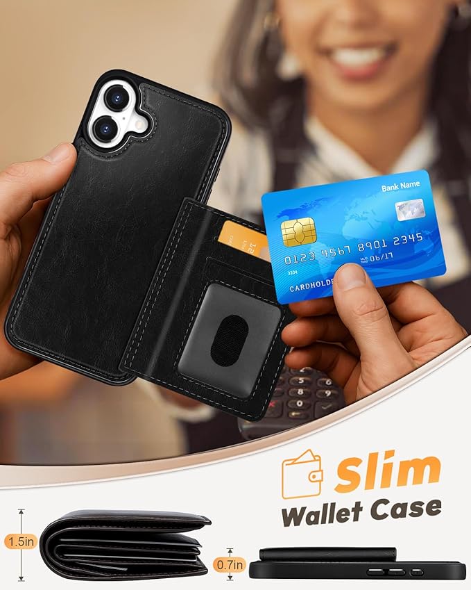 for iPhone 16 Wallet Case - Fits 4 Card Slots, Compatible with MagSafe for Women Aesthetic Durable PU Leather Credit Card Holder Kickstand Phone Cover for Apple 16, Black