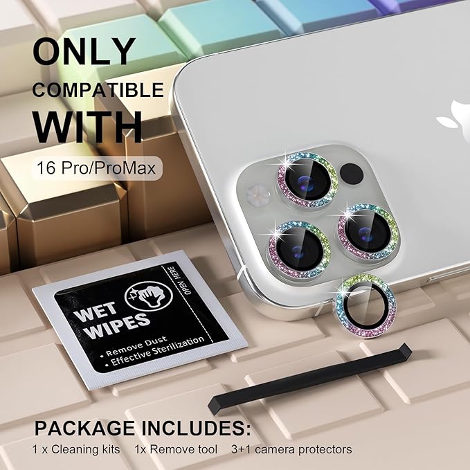 Misea Compatible for iPhone 16 Pro/iPhone 16 Pro Max Camera Lens Protector Bling, 9H Tempered Glass Camera Cover Screen Protector Metal Individual Ring Protector Decoration, Colorful Glitter