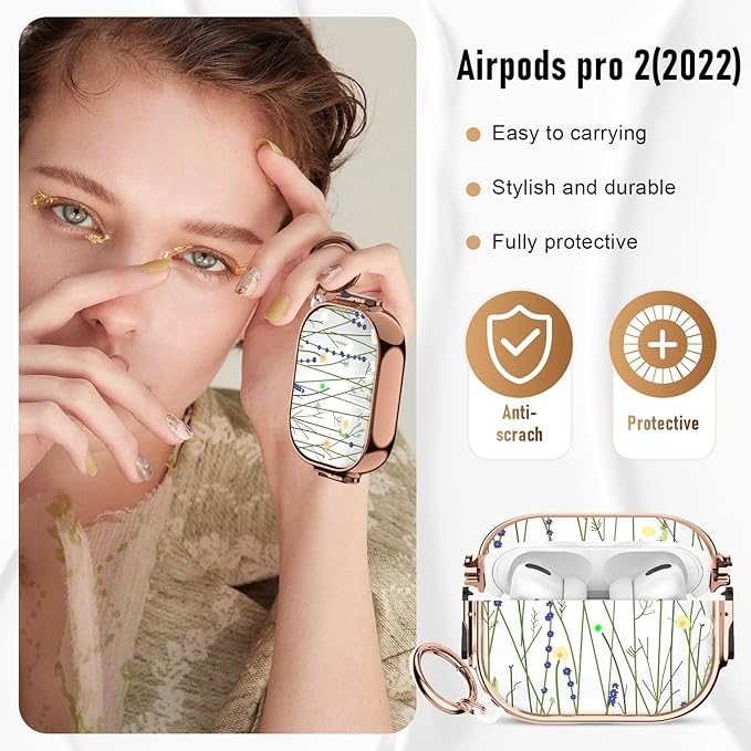 Maxjoy for Cute Airpods Pro 2 case with Safety Lock,Compatible Airpods Pro Case 2nd/1st Gen,Compatible Green Flower Stem AirPods Case Cover for Women Girly with Keychain-Transparent