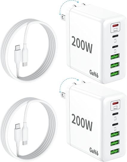 2 Pack USB C Charger Block 200W 6 Port GaN Super Fast Type C Charger