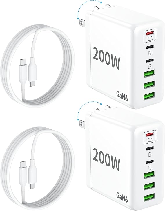 2 Pack USB C Charger Block 200W 6 Port GaN Super Fast Type C Charger
