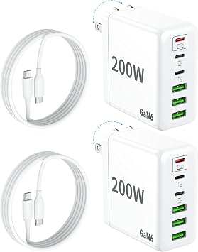 2 Pack USB C Charger Block 200W 6 Port GaN Super Fast Type C Charger