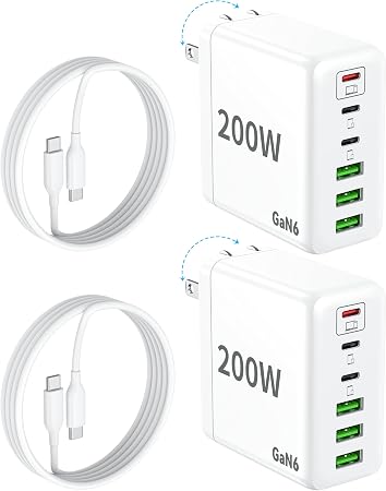 2 Pack USB C Charger Block 200W 6 Port GaN Super Fast Type C Charger