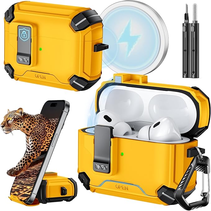 Inesore Compatible with AirPods Pro 2nd/1st Generation Case Cover with Phone Stand & Cleaning Kit,Compatible with Magsafe,Magnetic Automatic Lock for iPod Pro Charging Case(USB-C/Lightning Cable)