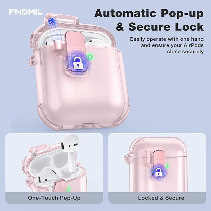 Case for AirPods 1/2 Case Cover with [Lock Safety & Pop Up][Military Shockproof] Anti-Yellow Transparent Soft TPU Wireless Charging for AirPods 1st/2nd Generation Case with Keychain,Clear Pink