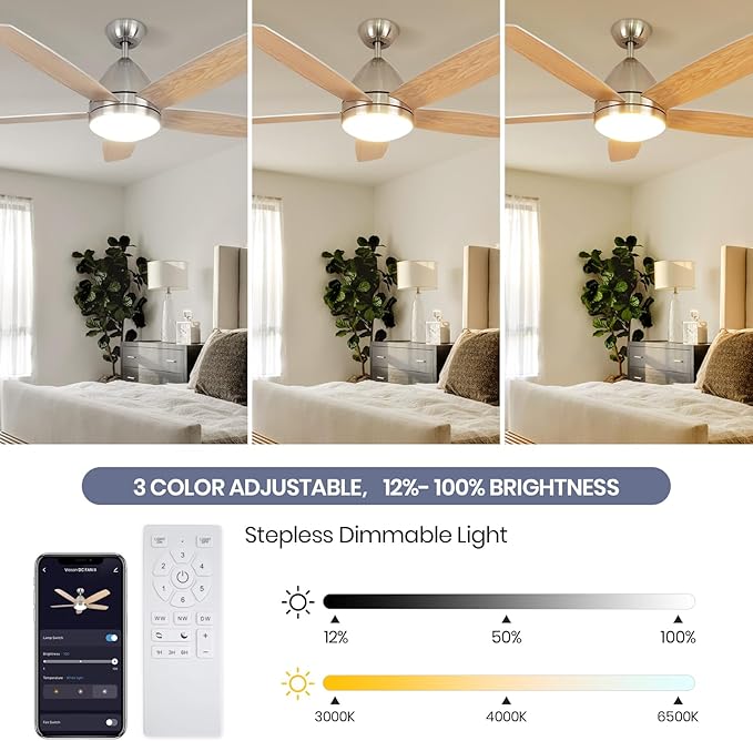 Smart Ceiling Fan with Light, Modern Nickel 52-Inch Outdoor Ceiling Fan and Remote/App, Dimmable Tri-Color LED and Reversible Motor for Indoor Bedroom/Outdoor Covered Patio