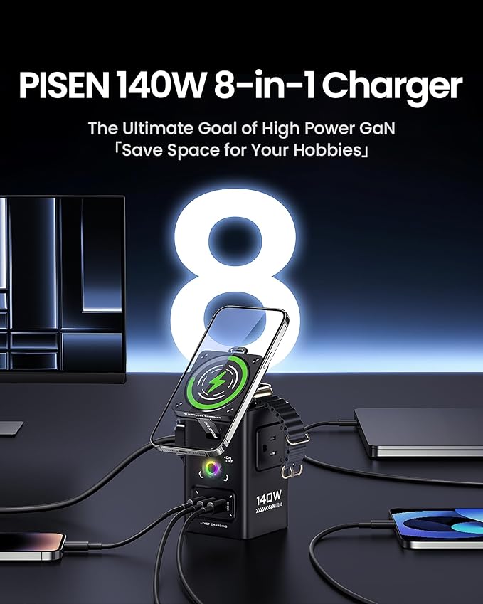 PISEN 8-in-1 Mag-Safe Charger Stand - 140W Charging Station for Multiple Devices Mag-Safe Stand Magnetic Qi2 Wireless Charger for iPhone 17/16/15/14/13/12 Series, Magnetic Charger for Apple Watch
