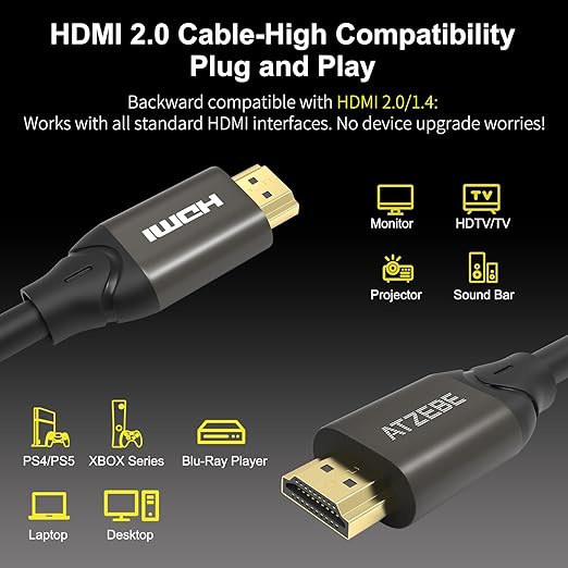 HDMI Cable 15 FT 4K@60Hz,18Gbps Ultra High Speed HDMI 2.0 Cable, HDR, Dolby Vision, HDCP2.2, ARC, 3D, Slim and Flexible,for PS5,Xbox, TV, Laptop, Monitor
