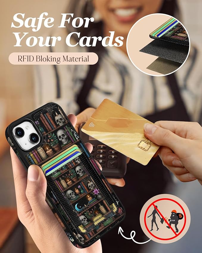 Shorogyt for iPhone 15 Plus Case Wallet - Fits 5 Cards, Compatible with Magsafe Detachable Magnetic Credit Card Holder Leather Cardholder Cute Phone Cover Women Girls for Apple 15Plus, Bookshelf