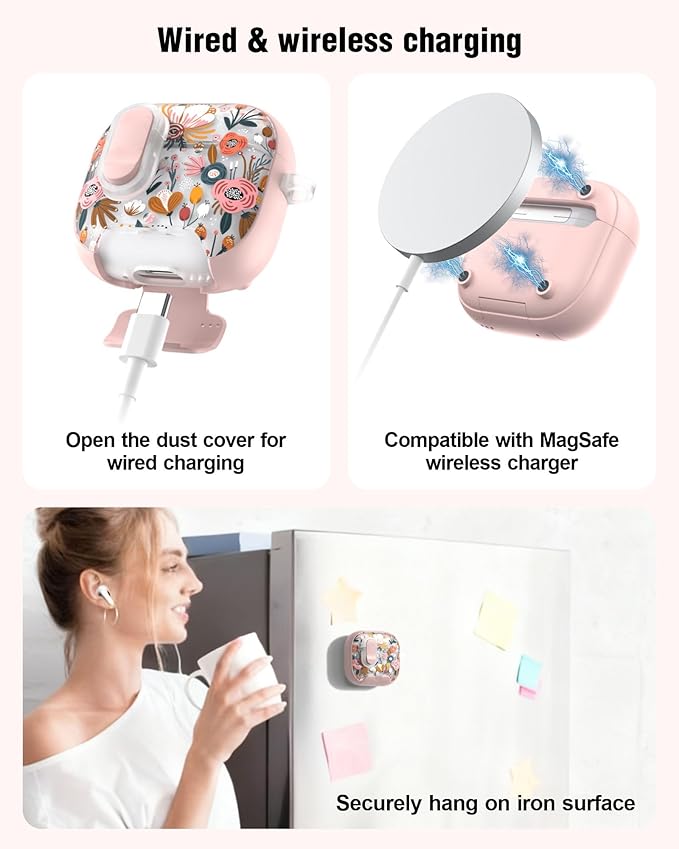 TATOFY for AirPods 4th Generation Case with Phone Stand Lanyard Lock Cleaning Kit, Compatible with Magsafe, Flowers Hard AirPod 4 Cover for Women (Salmon, AirPods 4th)