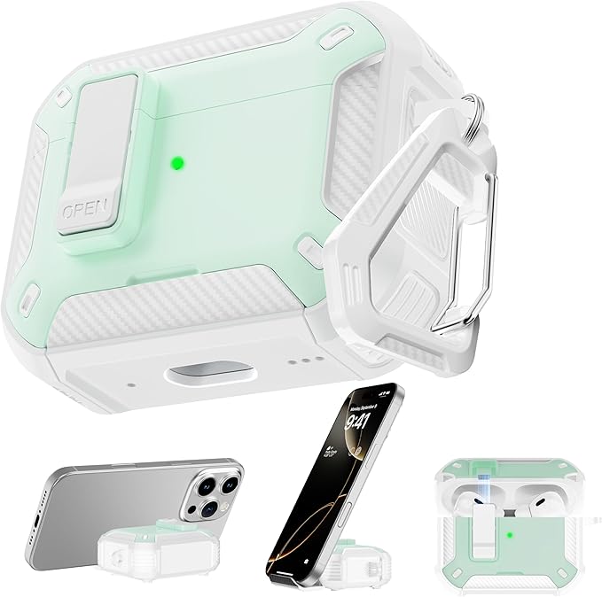 RFUNGUANGO Compatible with Airpods Pro Case 2nd / 1st Generation Protective Case, Compatible with MagSafe, with Cleaning Kit & Keychain,Phone Stand,Magnetic Automatic Lock, Visible LED, Mint Green