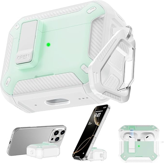 RFUNGUANGO Compatible with Airpods Pro Case 2nd / 1st Generation Protective Case, Compatible with MagSafe, with Cleaning Kit & Keychain,Phone Stand,Magnetic Automatic Lock, Visible LED, Mint Green