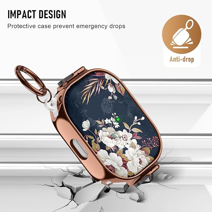 Maxjoy for Cute Airpods Pro 2 case with Safety Lock,Compatible Airpods Pro Case 2nd/1st Gen,Compatible White Flowers AirPods Case Cover for Women Girly with Keychain-Drak Blue